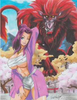 1girl abs absurdres amulet breasts cherry_blossoms chest_sarashi cleavage creature daikaiju_yuki destruction giant giant_monster highres huge_breasts japanese_clothes kaiju kimono lion_tail long_hair monster muscular muscular_female one_eye_closed pink_kimono pinup_(style) ravernclouk red_fur revealing_clothes roaring sarashi short_shorts shorts tail traditional_media underboob yukata yuki_tsubaki_(daikaiju_yuki)