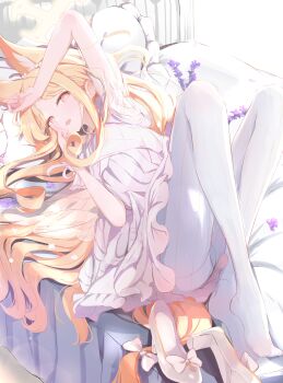 1girl absurdres animal_ear_fluff animal_ears blonde_hair blue_archive commentary_request fox_ears fox_girl halo high_heels highres indoors long_hair looking_at_viewer lying on_back on_bed open_mouth pantyhose sakurano_rocco seia_(blue_archive) shoes smile unworn_shoes very_long_hair white_pantyhose white_shoes