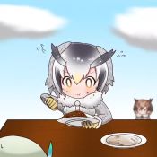 3girls animal_ears animated blue_sky blurry brown_hair cloud commentary_request curry curry_rice depth_of_field eating eurasian_eagle_owl_(kemono_friends) flying_sweatdrops food fur_collar gradient_hair grey_hair hat hat_feather holding holding_plate kaban_(kemono_friends) kemono_friends looping_animation multicolored_hair multiple_girls northern_white-faced_owl_(kemono_friends) plate rice short_hair sitting sky solo_focus spoon sweat table taro_(tontaro) video white_hair