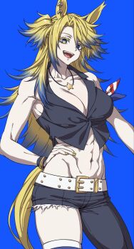 1girl arm_ribbon asymmetrical_pants belt black_pants blonde_hair blue_eyes blue_hair blurry blurry_background breasts cleavage highres large_breasts lut01 midriff obey_your_master_(umamusume) pants ribbon solo star-shaped_pupils star_(symbol) symbol-shaped_pupils teeth two_side_up umamusume umamusume:_cinderella_gray white_belt yellow_pupils