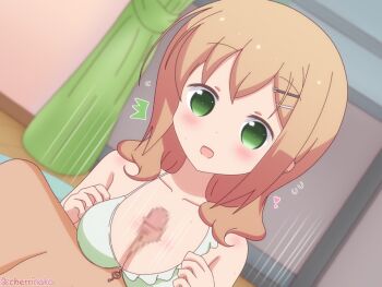 Rule 34 | 1girl, aged down, bra, breasts, brown hair, censored, cherrinako, enami kiyose, female focus, green eyes, happy, happy sex, heart, hetero, looking at viewer, masturbation, medium breasts, medium hair, motion lines, open mouth, paizuri, penis, pov, slow start, speed lines, spread legs, underwear, window