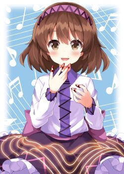 Rule 34 | 1girl, :d, blue background, blush, border, brown eyes, brown hair, collared shirt, commentary request, contrast collar, cowboy shot, frilled skirt, frills, hairband, hands up, highres, long sleeves, looking at viewer, musical note background, open mouth, outside border, purple hairband, purple shirt, purple skirt, ruu (tksymkw), shirt, short hair, skirt, smile, solo, touhou, tsukumo yatsuhashi, white border