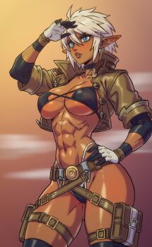 1girl abs belt bikini black_bikini black_gloves black_thighhighs blue_eyes borrowed_character breasts brown_belt brown_jacket choker commentary cowboy_shot cropped_jacket csaurageul dark-skinned_female dark_elf dark_skin elf english_commentary gloves gluteal_fold grey_hair hair_between_eyes hand_on_own_hip highleg highleg_bikini highres jacket large_breasts long_pointy_ears looking_afar looking_ahead looking_at_viewer multicolored_gloves muscular muscular_female navel open_clothes open_jacket original parted_lips pointy_ears pouch shading_eyes short_hair short_sleeves solo spiked_hair standing string_bikini swimsuit thigh_belt thigh_pouch thigh_strap thighhighs two-tone_gloves white_gloves