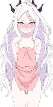 1girl ahoge apron blue_archive blush breasts commentary demon_girl demon_horns embarrassed giang_huynh highres hina_(blue_archive) horns long_hair looking_at_viewer naked_apron purple_eyes simple_background small_breasts solo standing very_long_hair white_background white_hair