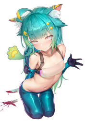 1girl ahoge among_us animal_ear_fluff animal_ears backpack bag blonde_hair blood bloody_knife bloody_weapon blue_hair blue_pantyhose blush cat_ears elbow_gloves gloves gradient_hair green_hair hair_ornament hairclip highres holding holding_knife holding_weapon indie_virtual_youtuber knife lanmewko lowleg lowleg_pantyhose medium_hair midriff multicolored_hair navel original pantyhose simple_background skindentation smile solo star_(symbol) star_hair_ornament sweat virtual_youtuber waymay weapon white_background