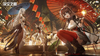 3girls aether_gazer bare_shoulders black_dress black_gloves breasts brown_hair claws dress earrings fireworks gloves hades_(aether_gazer) high_heels highres holding holding_umbrella jewelry large_breasts long_hair looking_at_viewer luliang_(aether_gazer) medium_breasts multicolored_clothes multiple_girls official_art red_eyes skirt umbrella verthandi_(aether_gazer) very_long_hair white_hair