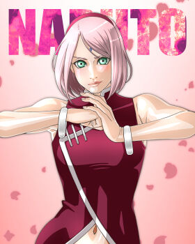 1girl absurdres boruto:_naruto_next_generations bracelet breasts commentary_request copyright_name facial_mark forehead_mark green_eyes hairband haruno_sakura highres jewelry light_smile medium_hair midriff naruto_(series) navel pink_background pink_hair red_hairband saburo_des small_breasts solo upper_body