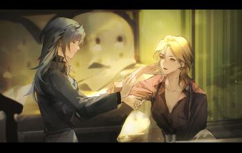 Rule 34 | 2girls, blonde hair, chief (path to nowhere), closed eyes, collared shirt, commentary request, female chief (path to nowhere), highres, langley (path to nowhere), llmia4, long sleeves, looking at another, multiple girls, partially unbuttoned, path to nowhere, shirt, sitting, standing, upper body, yuri