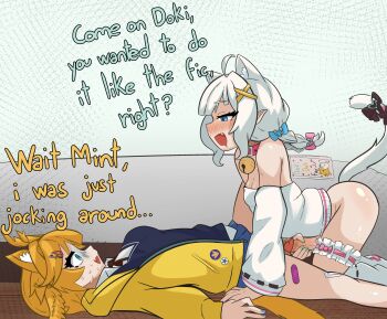 1futa 1girl absurdres ahoge animal_ear_fluff animal_ears blonde_hair blue_eyes blue_skirt blush bottomless breasts cat_ears cat_girl cat_tail densetsu.exe dokibird english_text erection fang from_side futa_with_female futanari green_eyes hair_ornament hand_on_own_penis highres indie_virtual_youtuber jacket long_hair looking_at_another lying medium_breasts mint_fantome multiple_girls on_back open_clothes open_jacket open_mouth penis pointy_ears skirt small_breasts smile sweater tail uncensored virtual_youtuber white_hair white_sweater x_hair_ornament yellow_jacket zerhin