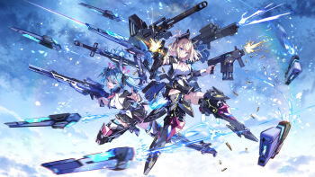 Rule 34 | 2girls, absurdres, armored boots, autocannon, black choker, blue eyes, blue hair, boots, breasts, brown hair, cannon, choker, commentary request, copyright name, drone, dual wielding, firing, full body, gun, hair ribbon, hayakawa harui, highres, hikari (starward), holding, holding gun, holding weapon, jacket, kaze (starward), long hair, long sleeves, looking at viewer, medium breasts, multiple girls, necktie, official alternate costume, official art, official wallpaper, open clothes, open jacket, open mouth, pleated skirt, ribbon, rifle, school uniform, shell casing, shirt, skirt, smile, starward, submachine gun, teeth, thighhighs, thighs, twintails, upper teeth only, weapon, white shirt
