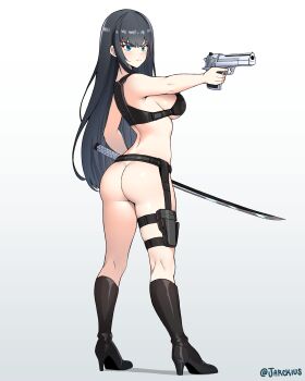 1girl absurdres ass black_hair blue_eyes blush boots butt_crack gun gun_holster high_heel_boots high_boots highres holster jarckius katana kill_la_kill kiryuuin_satsuki long_hair nude strap sword weapon