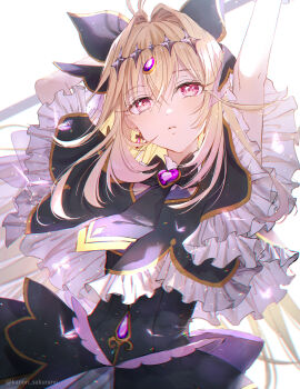 1girl ahoge antenna_hair arm_behind_head arms_up black_dress blonde_hair brooch bug butterfly capelet commentary_request cure_arcana_shadow diamond_hairband dress frilled_capelet frills hair_ornament heart heart_brooch highres insect jewelry kanon_sakurano looking_at_viewer magical_girl meitantei_precure! moria_luluka precure purple_eyes sidelocks solo white_background