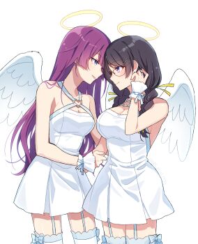 2girls absurdres alternate_costume angel_girl angel_wings bakemonogatari bare_shoulders black_hair blue_eyes blush breasts cleavage closed_mouth commentary_request couple criss-cross_halter dress eye_contact eyebrows_hidden_by_hair eyes_visible_through_hair glasses halo halterneck hand_up hanekawa_tsubasa head_down heart heart_o-ring highres holding_another's_arm large_breasts long_hair looking_at_another manimani_(mani_ma) medium_breasts monogatari_(series) multiple_girls o-ring o-ring_dress open_mouth purple_eyes purple_hair senjougahara_hitagi short_dress sleeveless sleeveless_dress smile standing straight_hair very_long_hair white_dress wings yuri
