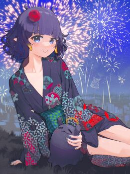 1girl absurdres besi_(besidoesart) blue_eyes blunt_bangs commentary english_commentary fireworks flower hair_bun hair_flower hair_ornament highres hololive hololive_english japanese_clothes kimono looking_at_viewer lying mole mole_under_eye nail_polish ninomae_ina'nis ninomae_ina'nis_(new_year) official_alternate_costume on_grass pointy_ears purple_hair short_hair smile takodachi_(ninomae_ina'nis) thighs virtual_youtuber