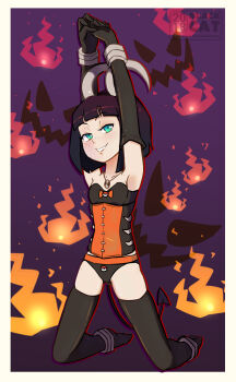 1girl anklet aqua_eyes armpits arms_up artist_name bad_deviantart_id bad_id bare_shoulders black_bra black_corset black_gloves black_hair black_hairband black_panties black_tail black_thighhighs blackcatart blunt_bangs blunt_ends bob_cut body_freckles border bow bow_bra bra bracelet breasts collarbone commentary commission corset cosplay curled_horns dated demon_tail elbow_gloves english_commentary fake_horns fire freckles gen_2_pokemon gloves gluteal_fold gradient_background grin hairband half-closed_eyes halloween halloween_costume highres horns houndoom houndoom_(cosplay) jewelry kasia_mikolajczyk_(silverfox442) kneeling lingerie looking_at_viewer midriff_peek naughty_face necklace nintendo no_shoes orange_bow orange_corset orange_trim original outline own_hands_together panties parted_lips patreon_logo patreon_username pendant poke_ball_print pokemon print_panties purple_background raised_eyebrows red_outline short_hair skindentation small_breasts smile solo spread_legs strapless strapless_bra stretching tail thighhighs two-tone_corset underwear white_border