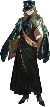 1girl aiguillette artist_request black_coat black_dress black_gloves black_hat brown_hair clipboard closed_mouth coat coat_on_shoulders corvus_(reverse:1999) dress full_body gloves grey_eyes hand_on_own_hip hat high_collar high_heels highres holding holding_clipboard long_dress long_hair looking_at_viewer official_art peaked_cap red_sash reverse:1999 safety_pin sash shoulder_sash simple_background solo standing stitched_arm stitched_face stitched_hand stitches third-party_source transparent_background whistle