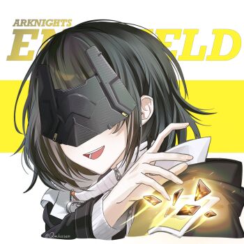 Rule 34 | 1girl, arknights, arknights: endfield, black coat, black hair, black mask, coat, commentary, copyright name, cumulussen, endministrator (arknights), eye mask, facing viewer, female endministrator (arknights), highres, long sleeves, mask, open mouth, originium arts (arknights), portrait, smile, solo, sweater, teeth, twitter username, white sweater