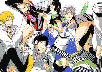 1girl 5boys black_hair blonde_hair blue_eyes bottle bread bread_slice coat color-coded comb durarara!! food food_in_mouth fur_coat fur_trim glasses green_eyes headphones heiwajima_shizuo holding holding_mp3_player holding_smoking_pipe japanese_clothes kadota_kyouhei kida_masaomi kimono kiseru kneehighs looking_at_viewer mouth_hold mp3_player multiple_boys one_eye_closed orihara_izaya pink_eyes pleated_skirt red_eyes red_shirt ryuugamine_mikado school_uniform shirt shiwasuda short_hair skirt smoking_pipe socks sonohara_anri sunglasses toast toast_in_mouth unworn_eyewear white_coat white_hair yellow_eyes yellow_shirt