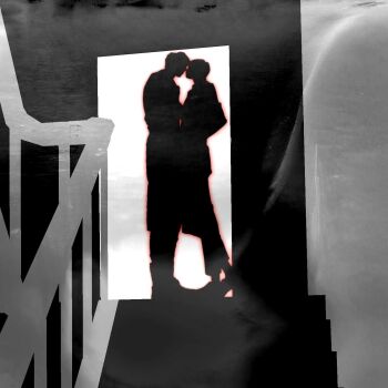 Rule 34 | 2boys, character request, check character, commentary request, facing viewer, full body, hand on another's waist, highres, kim dokja, looking at another, male focus, multiple boys, omniscient reader's viewpoint, outline, red outline, silhouette, stairs, stairwell, standing, tiptoes, tix 0314, yoo joonghyuk