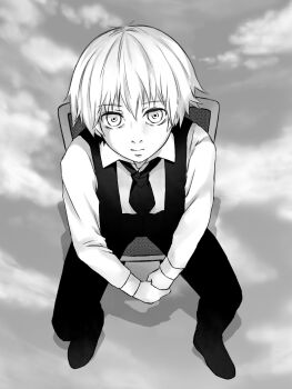 Rule 34 | 1boy, chair, closed mouth, collared shirt, commentary request, expressionless, full body, hair between eyes, highres, kaneki ken, long sleeves, looking at viewer, male focus, necktie, on chair, pants, shadow, shirt, shishi (eai make), shoes, short hair, sitting, solo, tokyo ghoul, vest, waistcoat