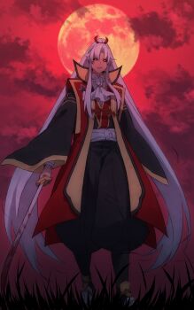 1boy amakusa_shirou_(fate) amakusa_shirou_(third_ascension)_(fate) ascot black_pants blood bloody_weapon coat colored_sclera commentary_request dark-skinned_male dark_skin fate/grand_order fate_(series) full_moon grass highres holding holding_sword holding_weapon long_hair male_focus moon pants ponytail red_sclera red_sky sidelocks sky solo sword tofu_(bean359) very_long_hair weapon white_ascot white_hair wide_sleeves yellow_eyes