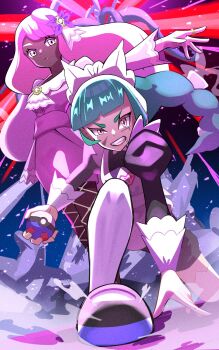 2girls apron ascot black_romper blunt_bangs bow bowtie braid braided_ponytail breasts brown_eyes closed_mouth commentary_request dark-skinned_female dark_skin dress fascinator fishnet_pantyhose fishnets frilled_ascot frills gloves gold_ring great_ball green_hair grin hair_ornament highres holding holding_poke_ball inana_umi jacinthe_(pokemon) juliet_sleeves lebanne_(pokemon) long_braid long_hair long_sleeves looking_at_viewer low_drills maid maid_apron maid_headdress master_and_servant mega_stone multiple_girls nintendo open_mouth pantyhose poke_ball pokemon pokemon_legends:_z-a puffy_sleeves purple_dress purple_eyes purple_hair romper shoes smile teeth thighhighs tsurime very_dark_skin white_bow white_bowtie white_gloves white_thighhighs