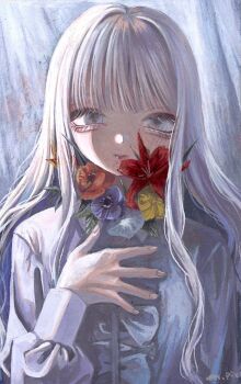 1girl aegyo_sal center_frills commentary_request eyelashes flower flower_request frills grey_eyes growing_out_of_body hand_on_own_chest highres long_hair long_sleeves looking_at_viewer monou_pico original sidelighting solo upper_body white_hair