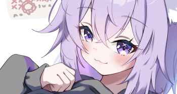 1girl :3 blush close-up closed_mouth clothes_lift commentary_request eyelashes highres hololive hood hoodie hoodie_lift nekomata_okayu poruporupriiin purple_eyes purple_hair simple_background solo thumbnail_collage virtual_youtuber white_background