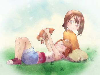 2girls aged_down animal baby_animal blue_shorts blue_sky brown_eyes brown_hair brown_pants closed_eyes closed_mouth cloud cloudy_sky commentary day dirty dirty_clothes dirty_face dog girls_und_panzer grass grin hands_on_another's_head highres holding holding_animal katsuragi_(webmaster909) kneeling lying multiple_girls nishizumi_family_dog nishizumi_maho nishizumi_miho no_socks on_back on_ground orange_shirt outdoors pants puppy red_shoes shiba_inu shirt shoes short_hair shorts siblings sisters sky sleeveless sleeveless_shirt smile white_shirt