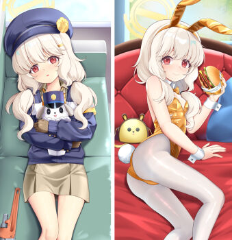 1girl animal_ears aoba_(blue_archive) ass blue_archive blue_hat blue_jacket blush breasts brown_hair brown_hairband brown_leotard brown_shirt brown_skirt burger closed_mouth collared_shirt commentary_request fake_animal_ears food grey_pantyhose hair_over_shoulder hairband halo hat head_tilt holding holding_food jacket leotard long_hair low_twintails multiple_views newsboy_cap niiya pantyhose parted_lips pillow playboy_bunny pleated_skirt rabbit_ears rabbit_tail red_eyes shirt skirt small_breasts smile strapless strapless_leotard tail twintails