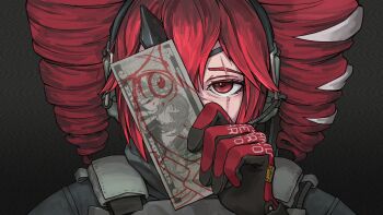 1girl black_background black_gloves commentary cosplay drill_hair ear_protection english_commentary gloves gradient_background hatsune_miku holding holding_money horns kasane_teto kasane_teto_(sv) looking_at_viewer metal_gear_(series) metal_gear_solid_v:_the_phantom_pain money multicolored_hair red_eyes red_gloves red_hair scar scar_across_eye scar_on_face simple_background single_horn solo synthesizer_v tactical_clothes two-tone_gloves two-tone_hair twofacedoff venom_snake venom_snake_(cosplay) vocaloid