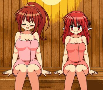 2girls animated animated_gif bra breasts brown_eyes brown_hair cleavage indoors large_breasts long_hair looking_at_another multiple_girls navel nodoame57 original panties pink_bra pink_panties ponytail red_eyes red_hair sauna sitting spread_legs sweat towel towel_over_breasts underwear wardrobe_malfunction