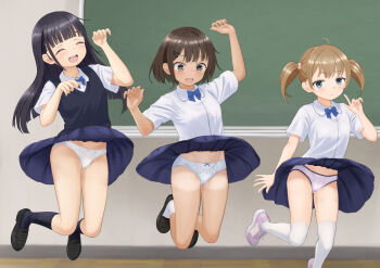 3girls ^_^ black_hair black_shoes black_socks black_sweater_vest blue_bow blue_bowtie blue_skirt blush bow bow_panties bowtie breast_pocket bright_pupils brown_eyes brown_hair chalkboard closed_eyes closed_mouth clothes_lift collared_shirt commentary_request crotch_seam expressionless foot_out_of_frame full_body grey_eyes hair_ornament hairclip highres indoors jumping loafers long_hair multiple_girls open_mouth original over-kneehighs panties pantyshot parallel_hairclips pink_shoes pleated_skirt pocket polka_dot polka_dot_panties print_panties school_uniform shirt shoes short_hair short_sleeves short_twintails skirt skirt_lift smile socks straight_hair surprised sweater_vest tan tanakaminos tanline thighhighs twintails underwear white_panties white_shirt white_socks