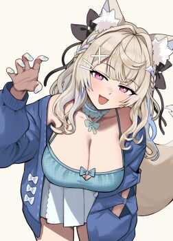 1girl :d animal_ear_fluff animal_ears black_bow blonde_hair blue_camisole blue_choker blue_hair blue_jacket blue_streaks bow braid breasts camisole center-flap_bangs choker claw_pose cleavage commentary crossed_bangs curly_hair dog_ears dog_girl dog_tail double-parted_bangs eneeues frilled_camisole frills fuwawa_abyssgard fuwawa_abyssgard_(casual) hair_bow hair_ornament hairclip hand_up highres hololive hololive_english jacket large_breasts leaning_forward long_hair looking_at_viewer official_alternate_costume official_alternate_hairstyle open_mouth pink_eyes plaid_camisole side_braids simple_background skirt smile solo tail virtual_youtuber white_background white_skirt x_hair_ornament