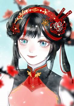 Rule 34 | 1girl, bare shoulders, beads, black hair, blue eyes, blue sky, branch, china dress, chinese clothes, chinese commentary, closed mouth, collared dress, commentary request, crazygirlisme, day, double bun, dress, eyelashes, flower, hair beads, hair bun, hair flower, hair ornament, hairband, happy, highres, infinity nikki, light blush, lipstick, long hair, looking at viewer, makeup, mandarin collar, multicolored hair, nikki (series), nostrils, outdoors, pale skin, plum blossoms, procreate (medium), red dress, red flower, red hairband, red lips, sky, sleeveless, sleeveless dress, smile, snowing, solo, streaked hair, stylist (nikki), twintails, upper body, yellow flower