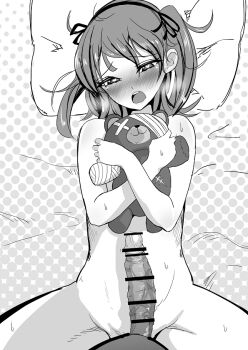 1boy 1girl blush boko_(girls_und_panzer) censored erection girls_und_panzer heart heart-shaped_pupils heavy_breathing hetero hugging_object loli monochrome nude open_mouth penis penis_awe pov precum shimada_arisu stuffed_animal stuffed_toy sweat symbol-shaped_pupils teddy_bear tsutsumori