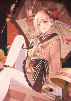 1other :d akiyama_mizuki amai_melo ankle_boots asymmetrical_hair black_border black_bow black_hat black_sailor_collar black_skirt black_socks blunt_bangs blush boots border bow brown_hat buttons choker chromatic_aberration commentary_request double-breasted dutch_angle ear_piercing earrings film_grain floral_print floral_print_jacket flower foot_out_of_frame frilled_shirt frilled_skirt frilled_socks frilled_umbrella frills from_below gloves gold_buttons grey_umbrella grin hair_behind_ear hand_up hat hat_bow hat_flower hat_tip highres holding holding_umbrella jacket jewelry kawaranu_atatakasa_no_tonari_de_(project_sekai) knee_up lace-trimmed_sailor_collar lace-up_boots lace_trim layered_sleeves long_sleeves looking_at_viewer official_alternate_costume official_alternate_hair_length official_alternate_hairstyle open_mouth origami other_focus outline outside_border pantyhose paper_crane piercing pink_eyes pink_hair pink_jacket pink_overskirt pleated_skirt project_sekai raised_eyebrows red_background red_choker red_flower red_ribbon red_rose ribbon rose sailor_collar shirt short_hair simple_background single_sidelock sitting skirt smile socks socks_over_pantyhose solo turtleneck turtleneck_shirt umbrella unworn_hat unworn_headwear white_boots white_gloves white_outline white_pantyhose white_shirt