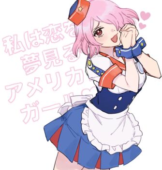 blue_dress blush dr._stone dress hands_up heart heart_print highres kani_diggy luna_wright miniskirt one_eye_closed open_mouth pink_hair red_eyes short_hair skirt smile travel_attendant white_background