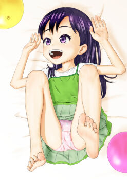 Rule 34 | 1girl, absurdres, animal print, arms up, balloon, bare legs, barefoot, carrot panties, carrot print, dress, feet, food print, green dress, heart, heart panties, heart print, highres, long hair, lying, ogyadya, on back, open mouth, original, paid reward available, panties, pantyshot, pink panties, pleated dress, print panties, purple eyes, purple hair, rabbit panties, rabbit print, shirt, short sleeves, smile, soles, teeth, thighs, toes, underwear, upper teeth only, white shirt