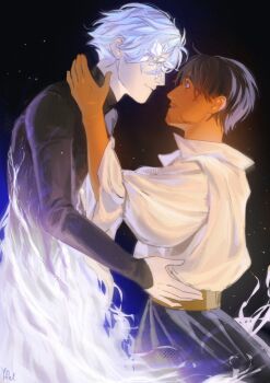 Rule 34 | 2boys, arm up, belt, black shirt, blue eyes, brown hair, closed mouth, collared shirt, commentary, dark-skinned male, dark skin, english commentary, eye contact, facial hair, from side, hand on another's waist, highres, leaf, long sleeves, looking at another, male focus, multiple boys, olruggio (tongari boushi no atelier), open collar, parted lips, plant, popped collar, profile, qifrey (tongari boushi no atelier), shirt, short hair, sky, smile, star (sky), starry sky, tongari boushi no atelier, turtleneck, white hair, white shirt, yaoi, yfel-axel