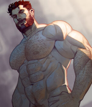 1boy abs axel_(axelwarriorvs) backlighting bara beard cheekbones facial_hair from_below full_beard hairy highres large_pectorals male_focus mature_male muscular muscular_male navel navel_hair nipples original pectorals short_hair solo standing stomach strongman_waist thick_beard thick_chest_hair tsurime upper_body very_hairy