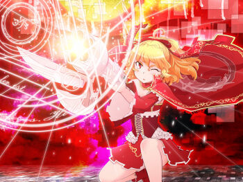 1girl ahoge bare_legs blonde_hair boots bow cape card_(medium) collared_cape corset determined dot_nose dress elisa_celjska emphasis_lines eyelashes firing floating_cape frilled_corset frills full_body game_asset gun hair_between_eyes hair_bow high_collar holding holding_gun holding_weapon lace-trimmed_bow lace_trim lens_flare light_particles long_hair looking_ahead magia_record:_mahou_shoujo_madoka_magica_gaiden magic_circle magical_girl mahou_shoujo_madoka_magica mahou_shoujo_tart_magica masu_gitsune official_art on_one_knee one_eye_closed parted_lips ponytail red_background red_boots red_bow red_cape red_corset red_dress red_eyes short_dress solo tile_floor tiles weapon