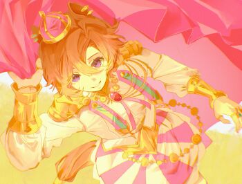 Rule 34 | 1girl, absurdres, animal ears, armor, bow, breasts, cape, crown, ear ornament, ear ribbon, fingerless gloves, gloves, gold armor, hair between eyes, highres, holding, holding unworn cape, holding unworn clothes, horse ears, horse girl, horse tail, jewelry, john m, long sleeves, looking at viewer, mini crown, multiple rings, orange hair, orange tail, parted lips, pink cape, pink crown, purple eyes, ring, shirt, short hair, shoulder armor, skirt, smile, solo, t.m. opera o (o sole suo!) (umamusume), t.m. opera o (umamusume), tail, two-tone skirt, umamusume, unworn cape, white gloves, white shirt