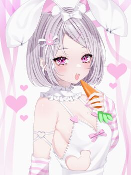 1girl absurdres animal_ears arm_strap arm_up armpit_crease artist_name blush bob_cut bow breasts buckle camisole carrot cleavage clothing_cutout collar commentary detached_sleeves eyelashes fake_animal_ears fingernails from_side grey_hair hair_bow hair_ornament hair_ribbon hairclip heart heart-shaped_buckle heart_cutout highres holding holding_carrot lace-trimmed_camisole lace_trim long_sleeves looking_at_viewer medium_breasts mole mole_on_breast nail_polish open_mouth original parted_bangs pink_eyes pink_nails rabbit_ears rabbit_hair_ornament ribbon sharp_fingernails short_hair sleeves_past_wrists spiked_ear_piercing striped_sleeves symbol-only_commentary teeth upper_body upper_teeth_only wanko_(yurika0320) white_bow white_camisole white_collar white_ribbon x_hair_ornament