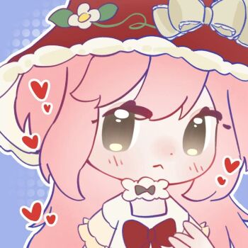 1girl black_bow blue_background bow bow_choker bowtie brown_eyes chibi chinese_commentary choker commentary_request dress expressionless eyelashes flower frilled_bow frilled_choker frilled_sleeves frills fur-trimmed_headwear fur_trim grey_bow halftone halftone_background hand_up hat hat_bow hat_flower heart infinity_nikki long_hair nikki_(nikki) nikki_(series) outline pink_hair red_bow red_bowtie red_hat short_sleeves sidelocks solo sweet_waltz_(infinity_nikki) tingpanxuyu upper_body very_long_hair white_choker white_dress white_flower white_outline witch_hat