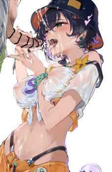 1boy 1girl absurdres after_ejaculation after_fellatio bar_censor belle_(summer_skies)_(zenless_zone_zero) belle_(zenless_zone_zero) bikini bikini_under_clothes black_hat black_nails blue_hair breasts bucket_hat censored covered_erect_nipples crossed_bangs cum cum_on_body cum_on_headwear earrings facial green_eyes hair_between_eyes hair_ornament hat hetero highres incest jewelry kurotsuki_machi large_breasts letter_hair_ornament low_twintails male_pubic_hair nipples official_alternate_costume official_alternate_hairstyle orange_bikini orange_shorts penis pubic_hair see-through_clothes see-through_shirt shirt short_hair shorts siblings swimsuit tied_shirt tongue tongue_out twintails white_background white_shirt wise_(peaceful_waves)_(zenless_zone_zero) wise_(zenless_zone_zero) zenless_zone_zero
