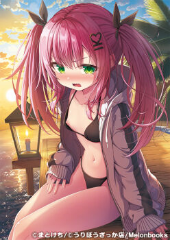1girl bikini bikini_under_clothes black_bikini black_ribbon blue_sky blush breasts brown_jacket candle cloud cloudy_sky fire green_eyes hair_ornament hair_ribbon hairclip heart heart_hair_ornament hood hood_down hooded_jacket jacket lantern long_hair long_sleeves matokechi melonbooks navel nipples nose_blush official_art open_clothes open_jacket open_mouth original outdoors palm_tree puffy_long_sleeves puffy_sleeves red_hair ribbon sitting sky sleeves_past_wrists small_breasts solo sunset swimsuit tree twintails wavy_mouth