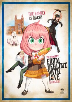 Rule 34 | 1boy, 2024, 2girls, anya (spy x family), bernhard binder, black dress, black hair, black thighhighs, blonde hair, bond (spy x family), bow, bowtie, breasts, building, cleavage, commentary, dagger, dog, dress, dual wielding, eden academy school uniform, english commentary, english text, from russia with love, green eyes, high heels, highres, holding, holding dagger, holding knife, holding toy gun, holding weapon, james bond (series), knife, large breasts, multiple girls, over-kneehighs, parody, pink hair, red eyes, reverse grip, school uniform, shirt, signature, socks, spy x family, stiletto (weapon), thighhighs, toy gun, traditional bowtie, twilight (spy x family), unbuttoned, unbuttoned shirt, weapon, white shirt, white socks, yor briar