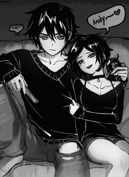 ... 1boy 1girl andrew_graves ashley_graves breasts bright_pupils brother_and_sister choker cleavage closed_mouth collarbone commentary_request controller couch denim english_text fingernails frown green_eyes greyscale hair_between_eyes hand_in_another's_hair heart highres holding holding_remote_control jeans knee_up korean_commentary long_sleeves looking_at_viewer low_ponytail medium_breasts monochrome nyukki o-ring o-ring_choker on_couch open_mouth pants pink_eyes ponytail remote_control shirt short_hair short_shorts shorts siblings sitting smile speech_bubble spoken_ellipsis spot_color sweater teeth the_coffin_of_andy_and_leyley torn_clothes torn_pants upper_teeth_only
