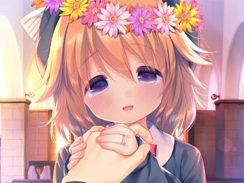 1boy 1girl blonde_hair blue_eyes blush bow bowtie buttons chishima_mako collared_shirt game_cg green_hat green_jacket hair_between_eyes hair_ornament hat head_wreath heart heart_hair_ornament holding_hands jacket jewelry large_variant_set looking_at_viewer medium_hair non-web_source open_mouth piyodera_mucha portrait pov pov_hands red_bow red_bowtie ring shirt solo_focus soushisouai_lolita_no_seikatsu tears variant_set wedding_ring white_shirt